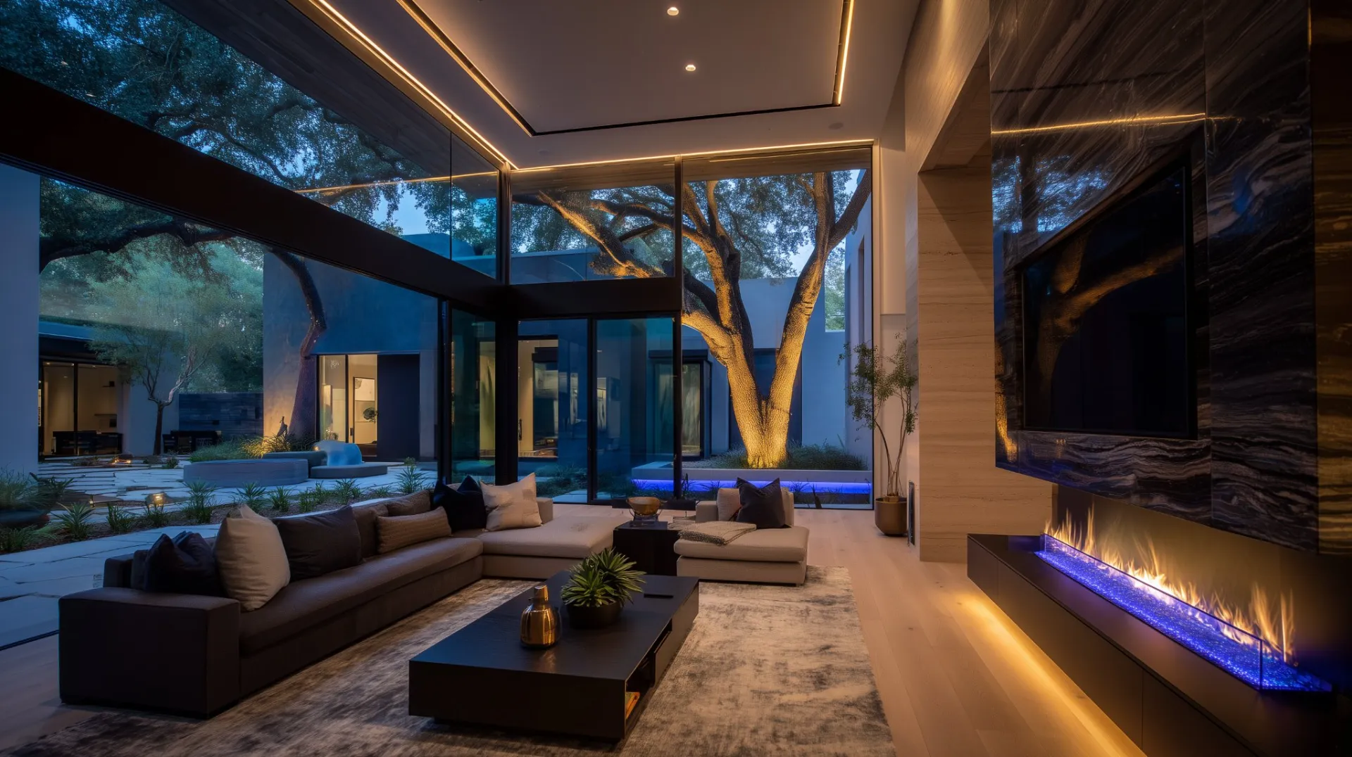 Luxury living room at dusk with hidden, integrated technology